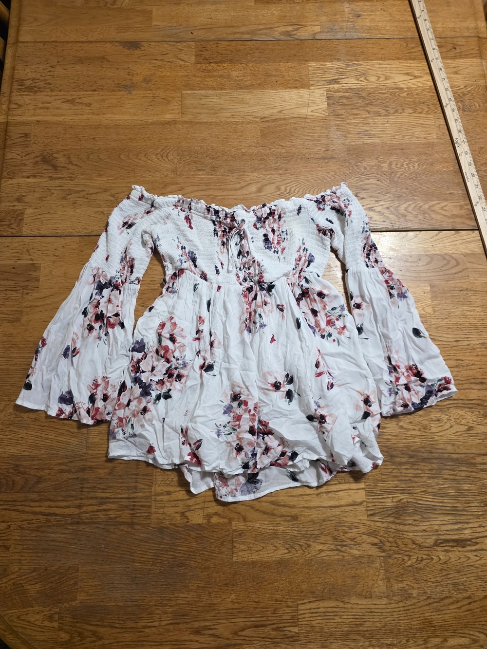 Y2k Cottagecore Smocked Floral Pheasant Off The Shoulder Blouse with Bell Sleeve